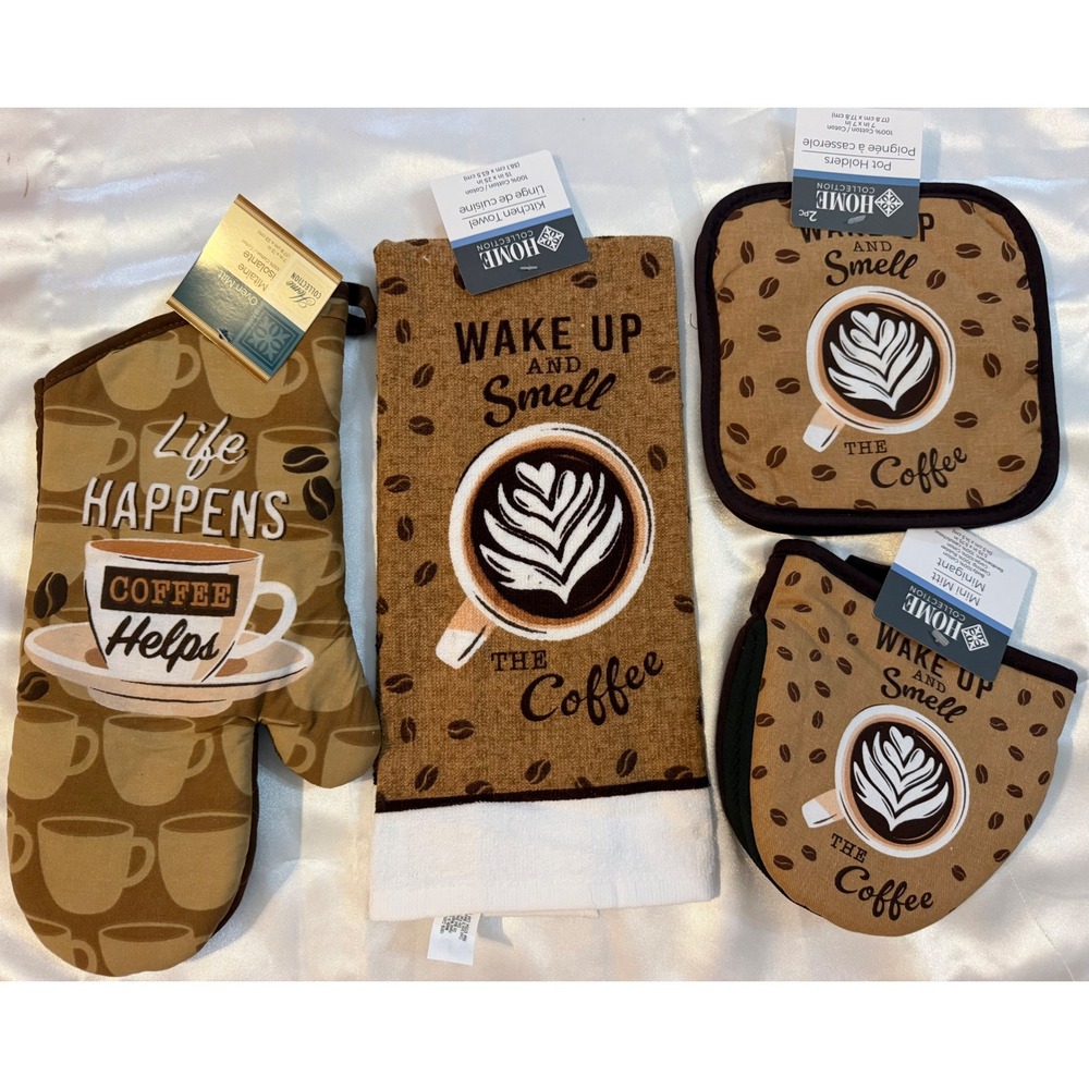 Home Collection Coffee Kitchen Set Oven Mitt Towel Pot Holders Brown 5pc NWT